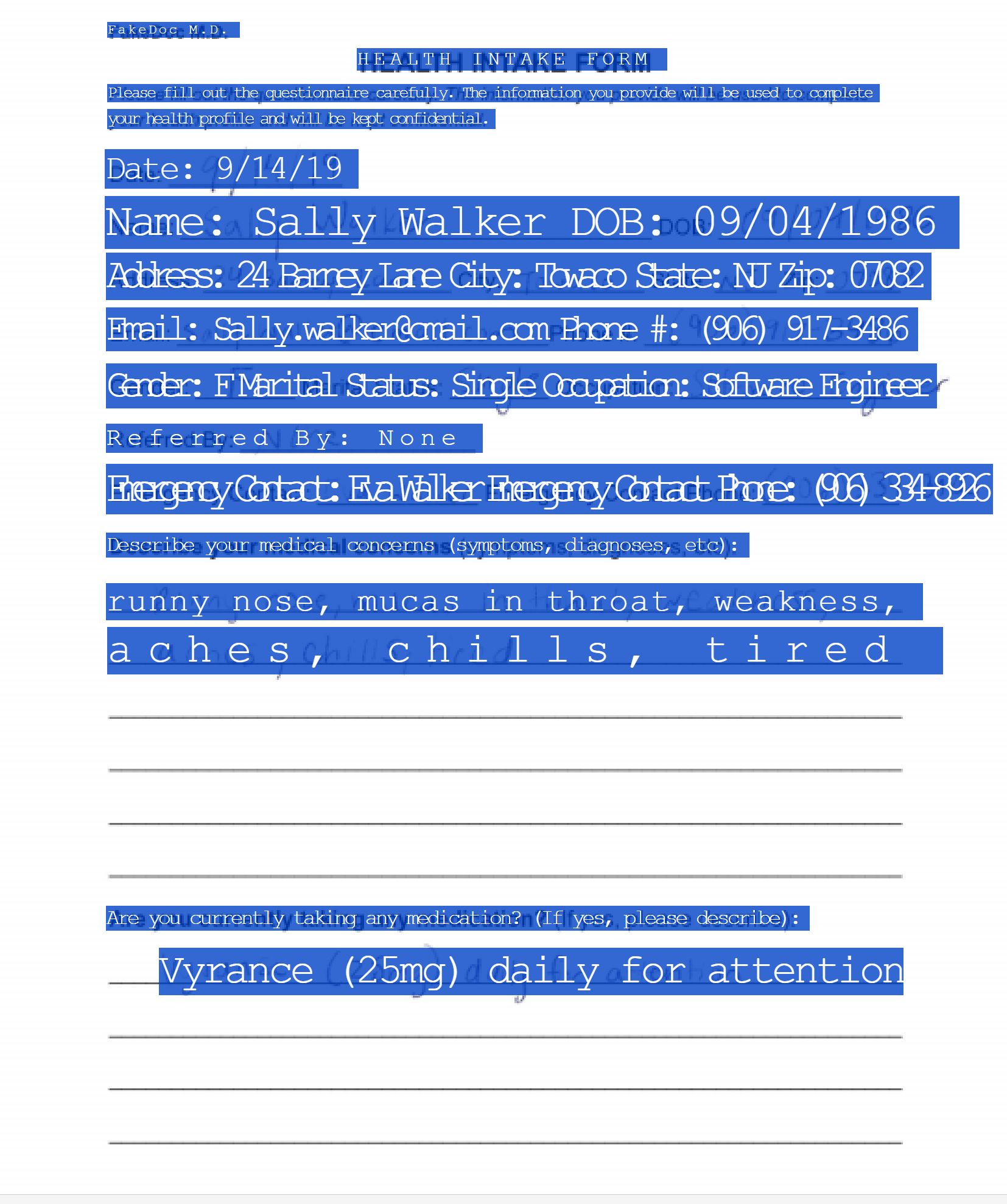 A scanned health-intake form with mixed printed and handwritten fields, rendered as a searchable PDF, with the invisible text layer highlighted in blue to show selectable text aligned over the original pixels