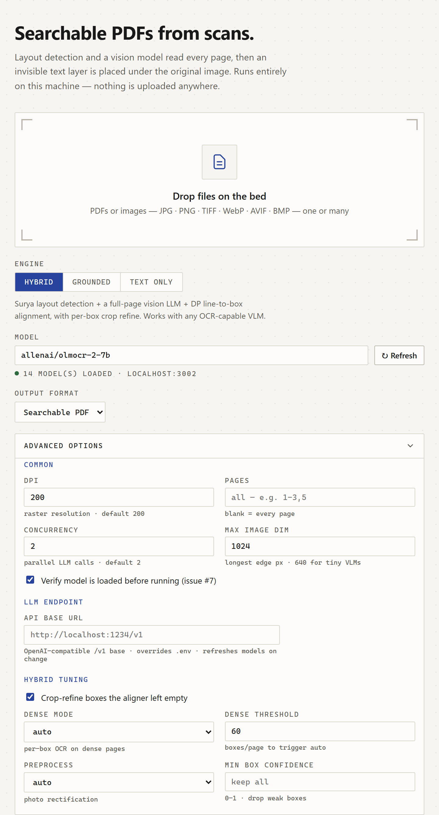 The web UI with Advanced Options expanded, exposing DPI, page range, concurrency, max image dimension, a model-loaded verification toggle, the OpenAI-compatible API base URL, and hybrid-tuning controls for crop-refine, dense mode, dense threshold, and minimum box confidence