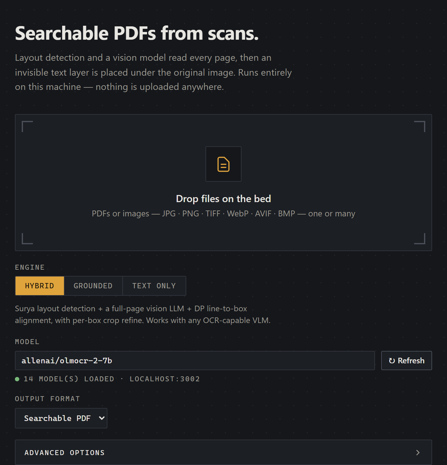 The local-llm-pdf-ocr web UI in dark mode: a drag-and-drop drop zone, a Hybrid / Grounded / Text-only engine toggle, a local model selector showing allenai/olmocr-2-7b with 14 models loaded on localhost, and a searchable-PDF output format