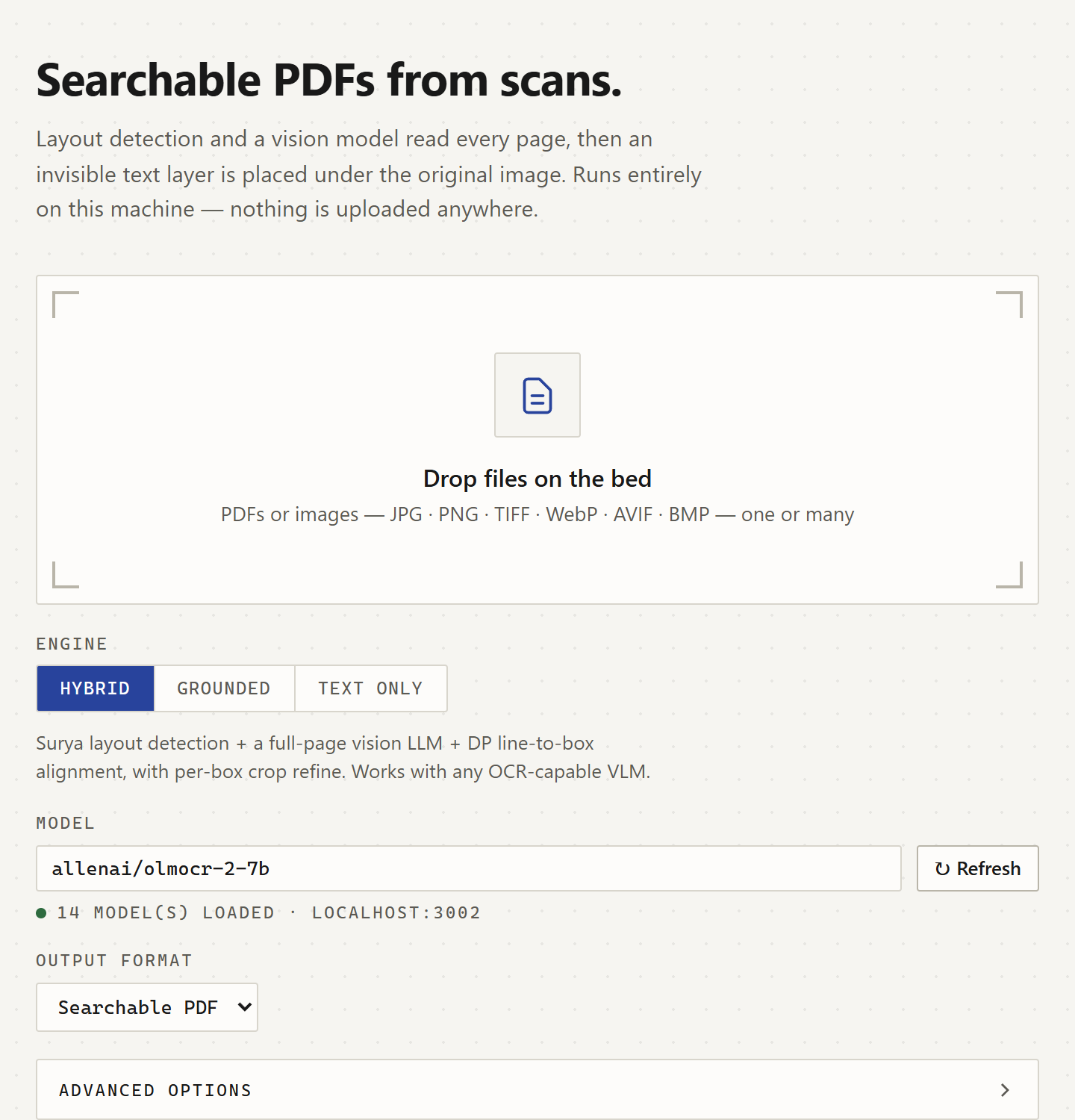 The local-llm-pdf-ocr web UI in light mode: a drag-and-drop drop zone, a Hybrid / Grounded / Text-only engine toggle, a local model selector showing allenai/olmocr-2-7b with 14 models loaded on localhost, and a searchable-PDF output format