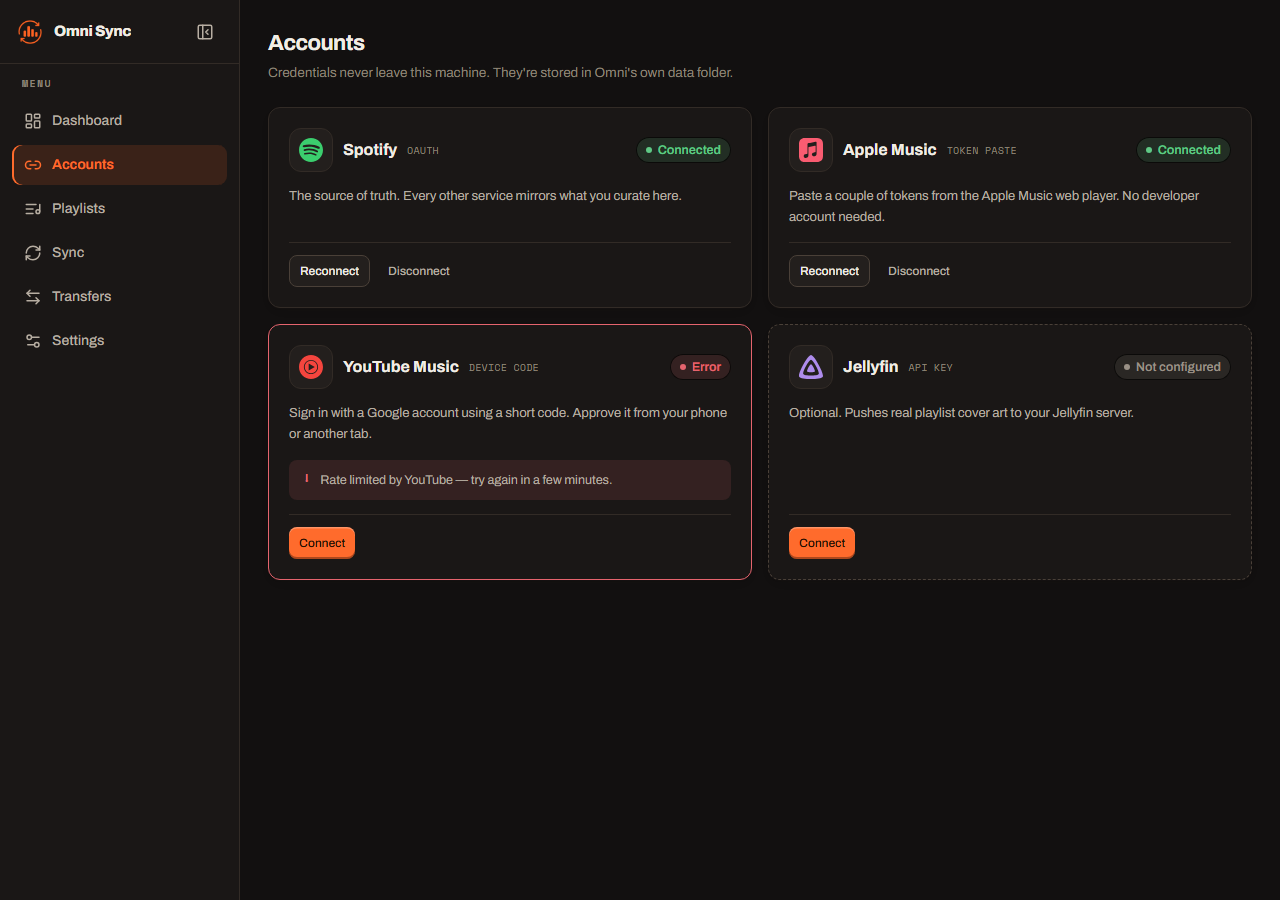 The Accounts page for connecting Spotify, Apple Music, YouTube Music, and Jellyfin in the browser