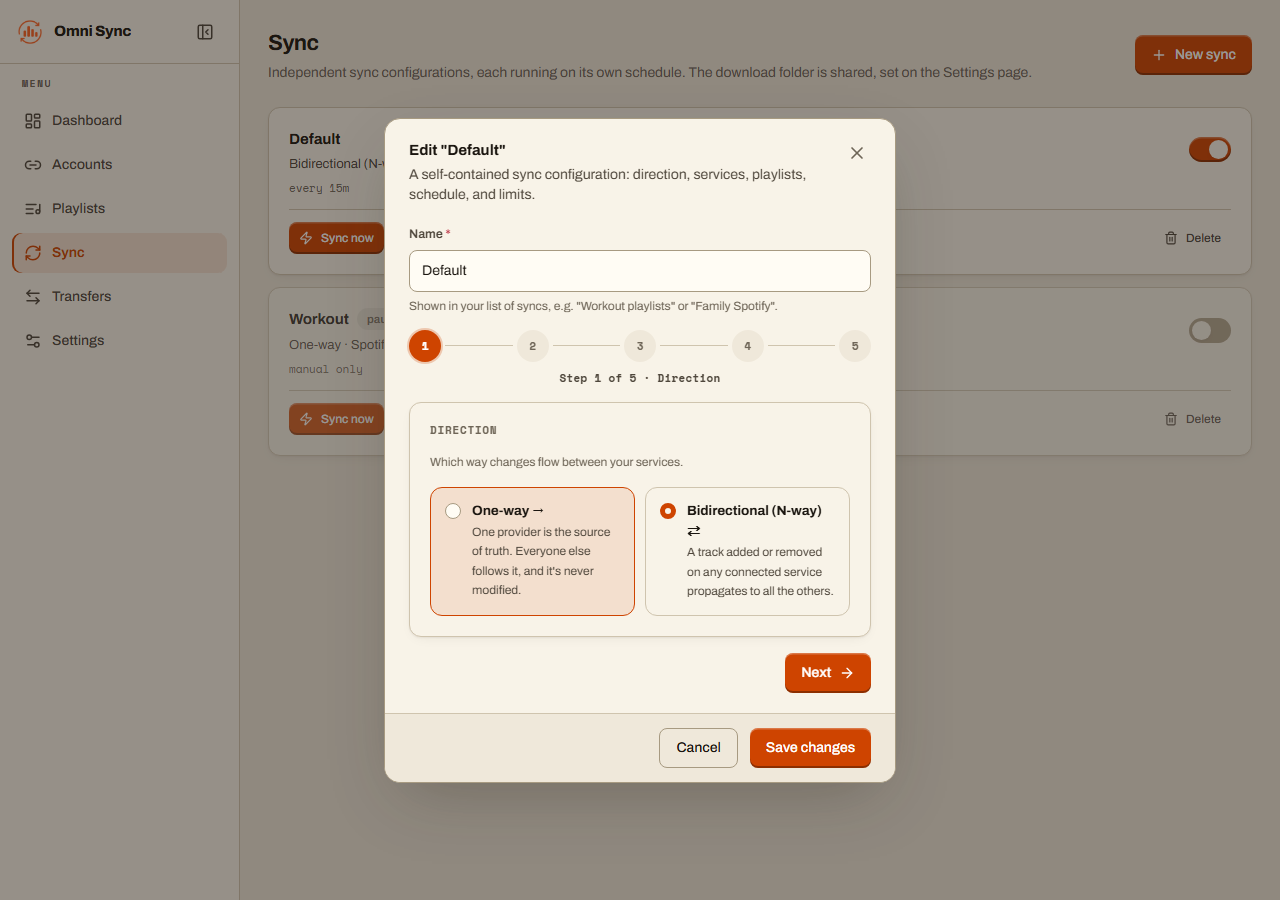 The Omni Playlist Sync setup wizard choosing a one-way or bidirectional N-way direction for a sync job
