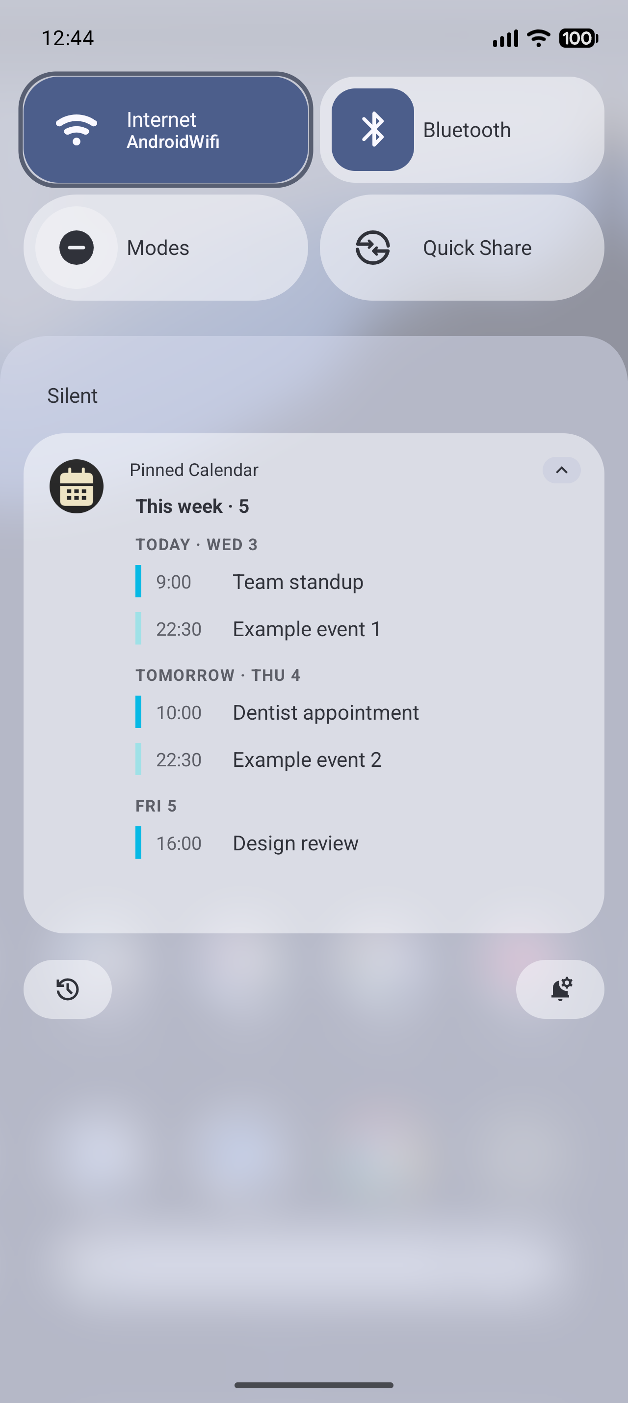 Pinned Calendar persistent notification in light mode, showing the week agenda grouped into TODAY, TOMORROW, and FRI sections with color-coded bars for each event