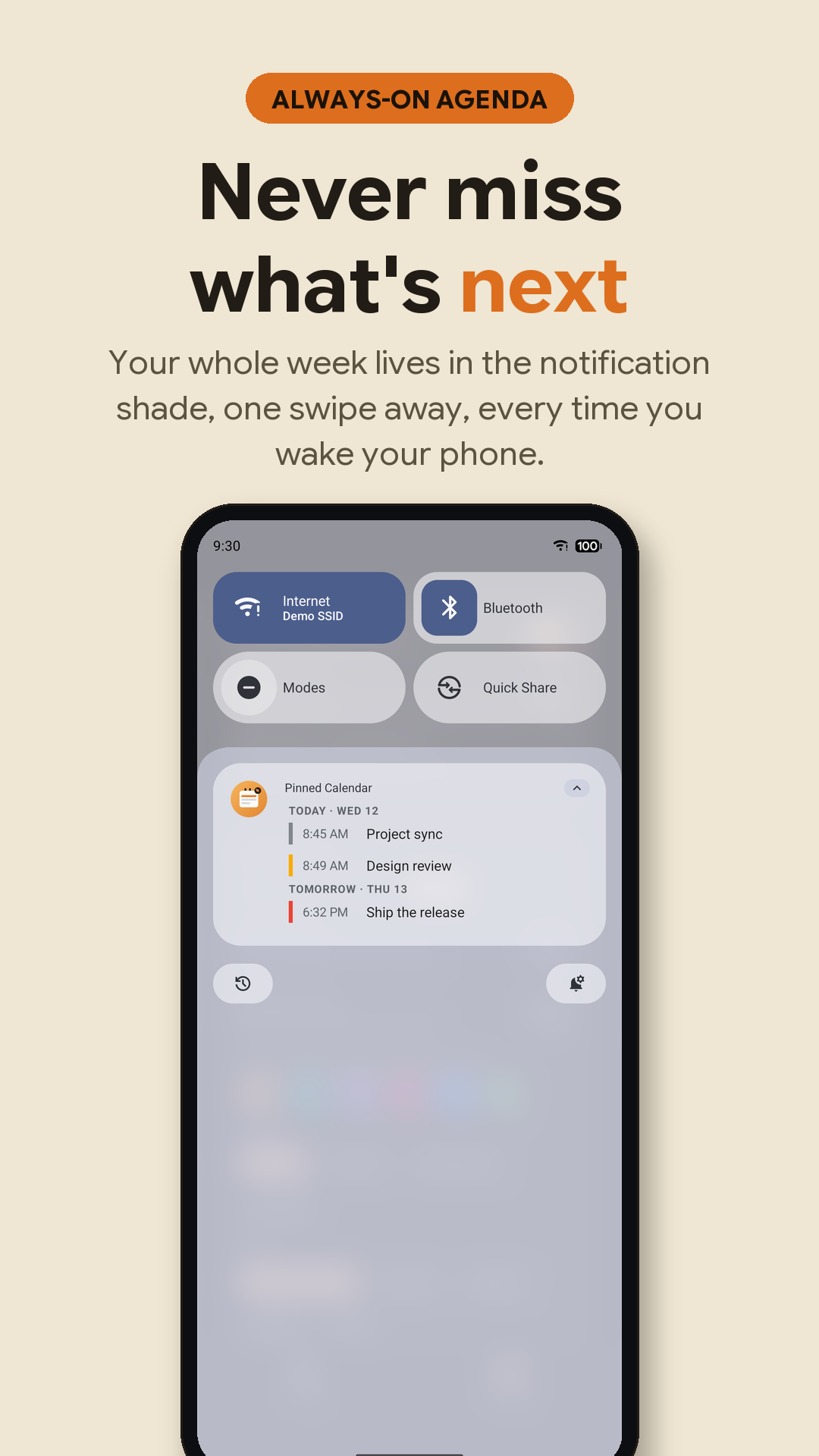 Pinned Calendar Play Store screenshot showing the always-on agenda in the Android notification shade