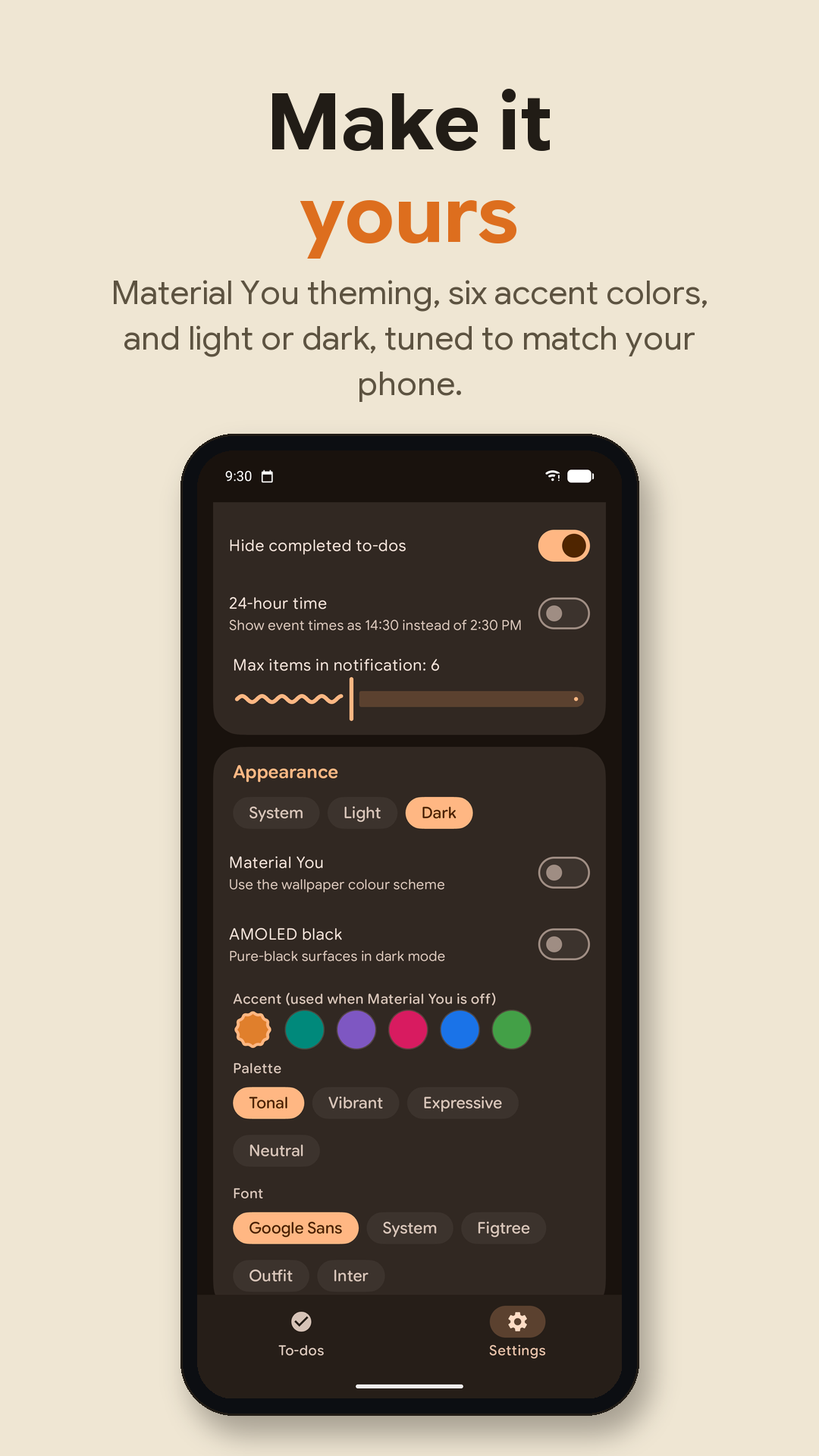 Pinned Calendar Play Store screenshot showing Material You, AMOLED black, accent colors, palettes, and font settings