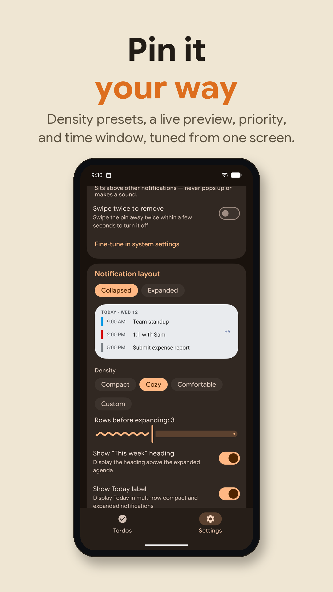 Pinned Calendar Play Store screenshot showing live notification preview, density presets, row count, and heading controls