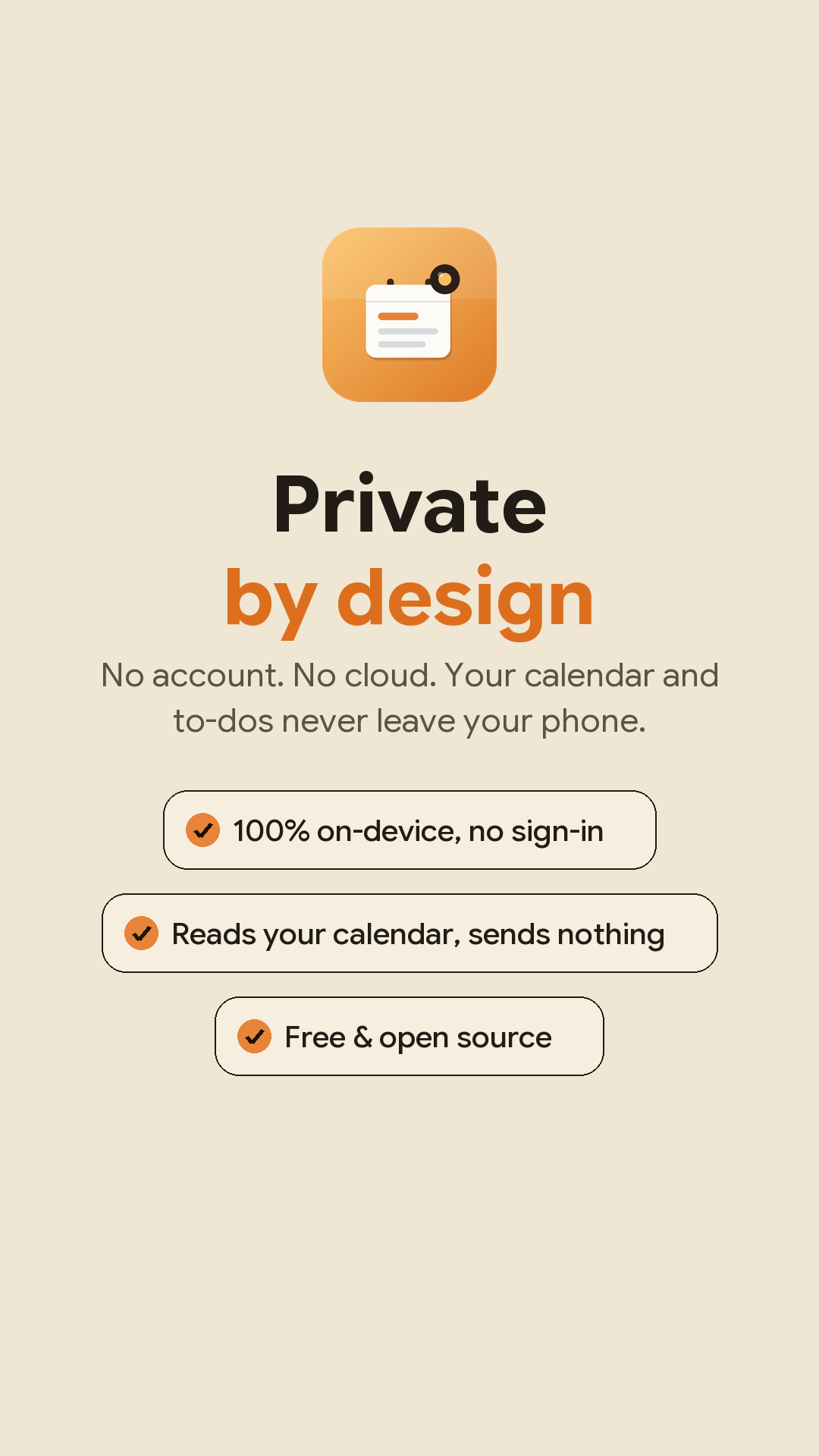 Pinned Calendar Play Store graphic explaining on-device storage, no sign-in, and the free open-source app