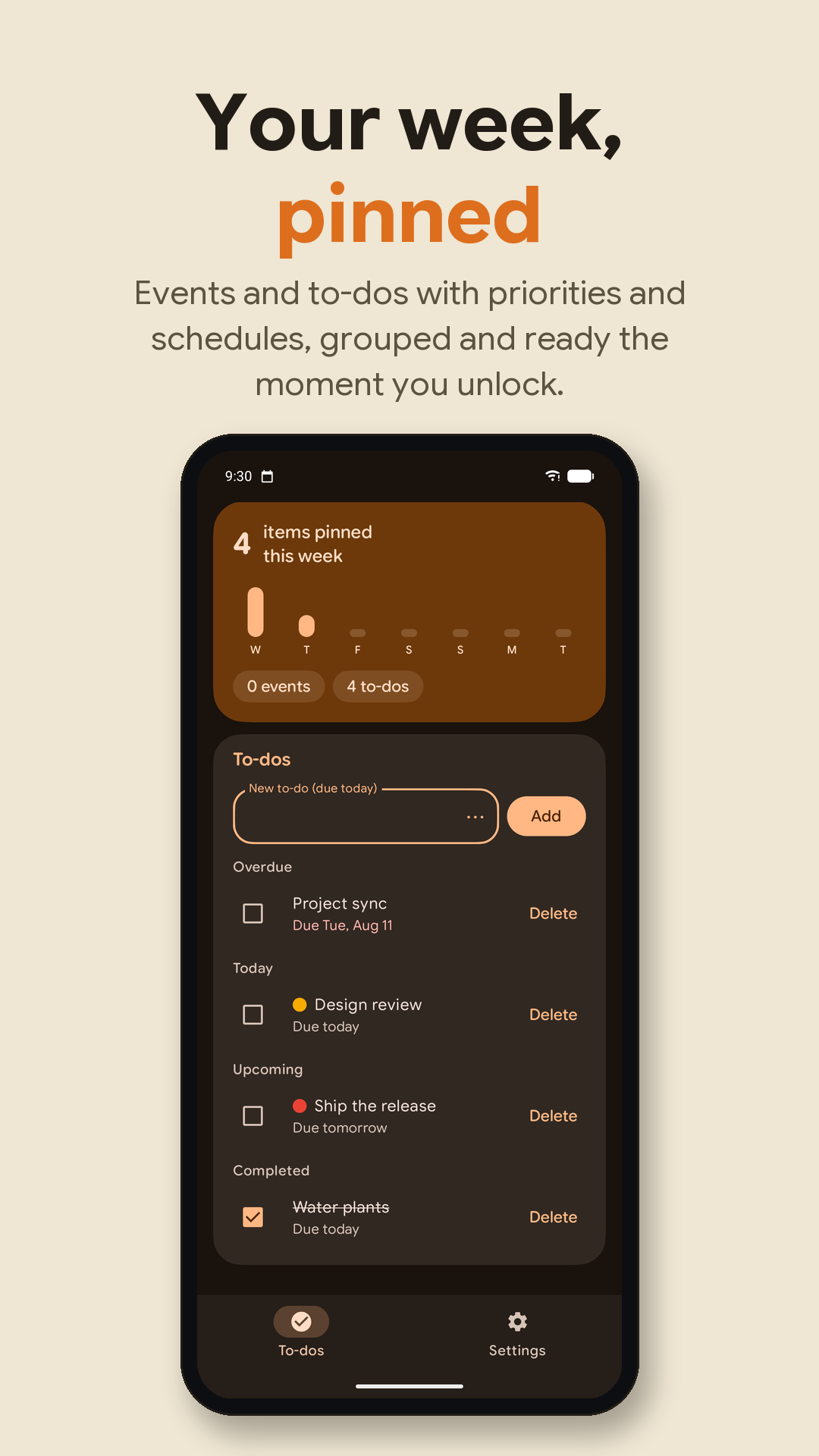 Pinned Calendar Play Store screenshot showing the week overview and to-dos grouped by due date with priority colors