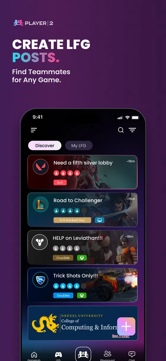 Player 2 Looking for Group hub filtered by platform and rank