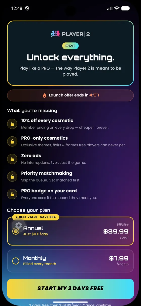 Player 2 PRO subscription paywall