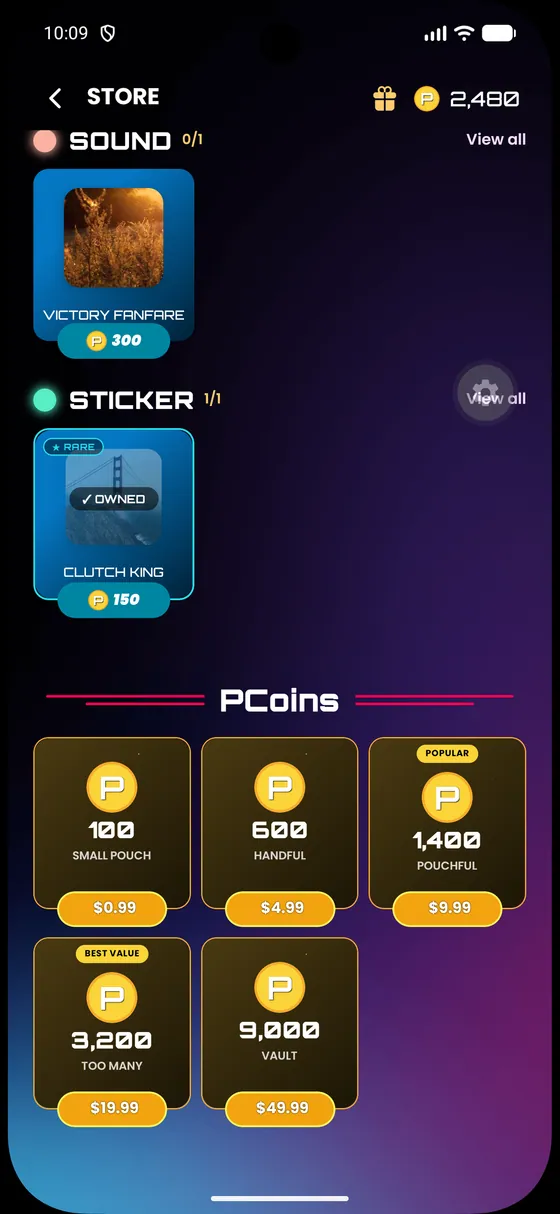 Player 2 Player Coins purchase screen