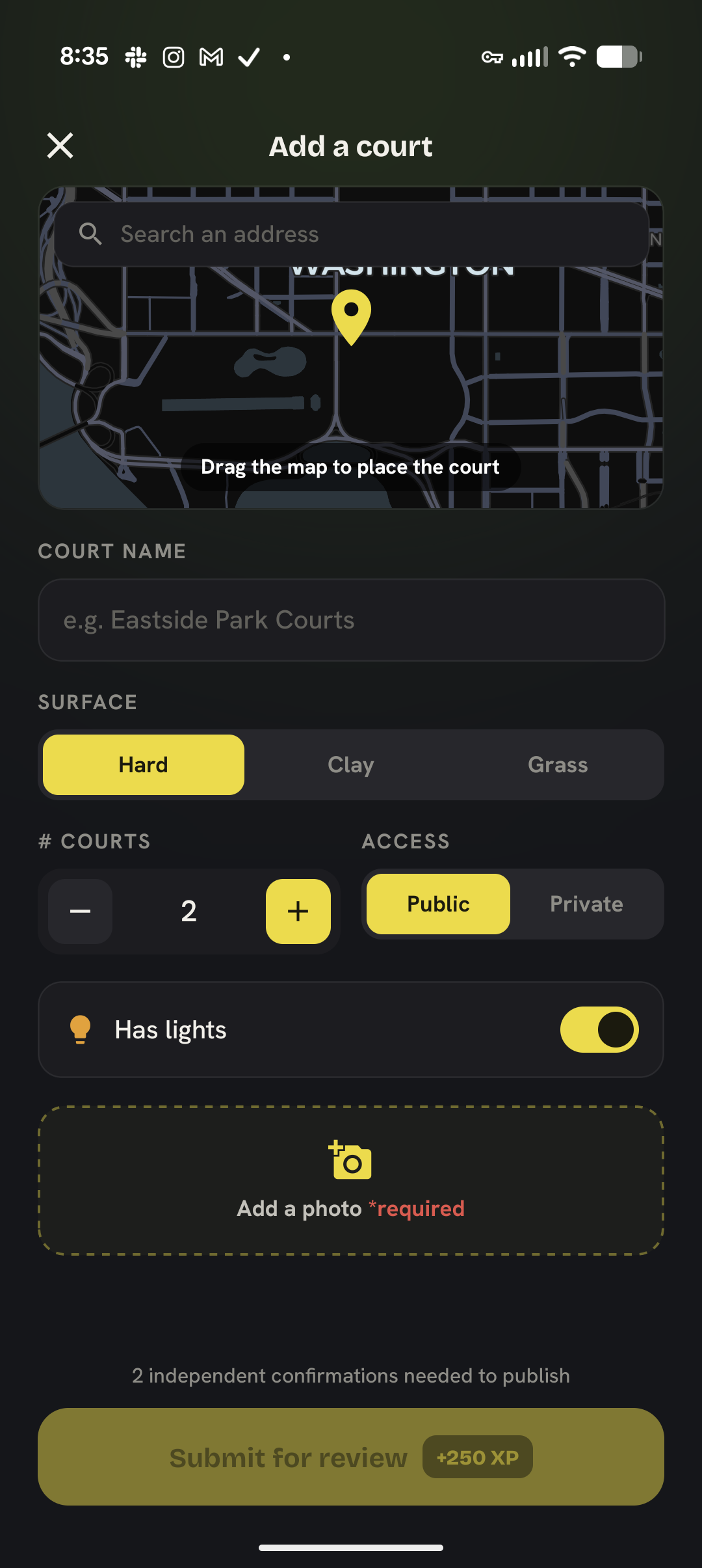 Rally's add-a-court form: drop a pin on the map, set the surface, court count, access, and lights, attach a required photo, with a note that two independent confirmations are needed to publish