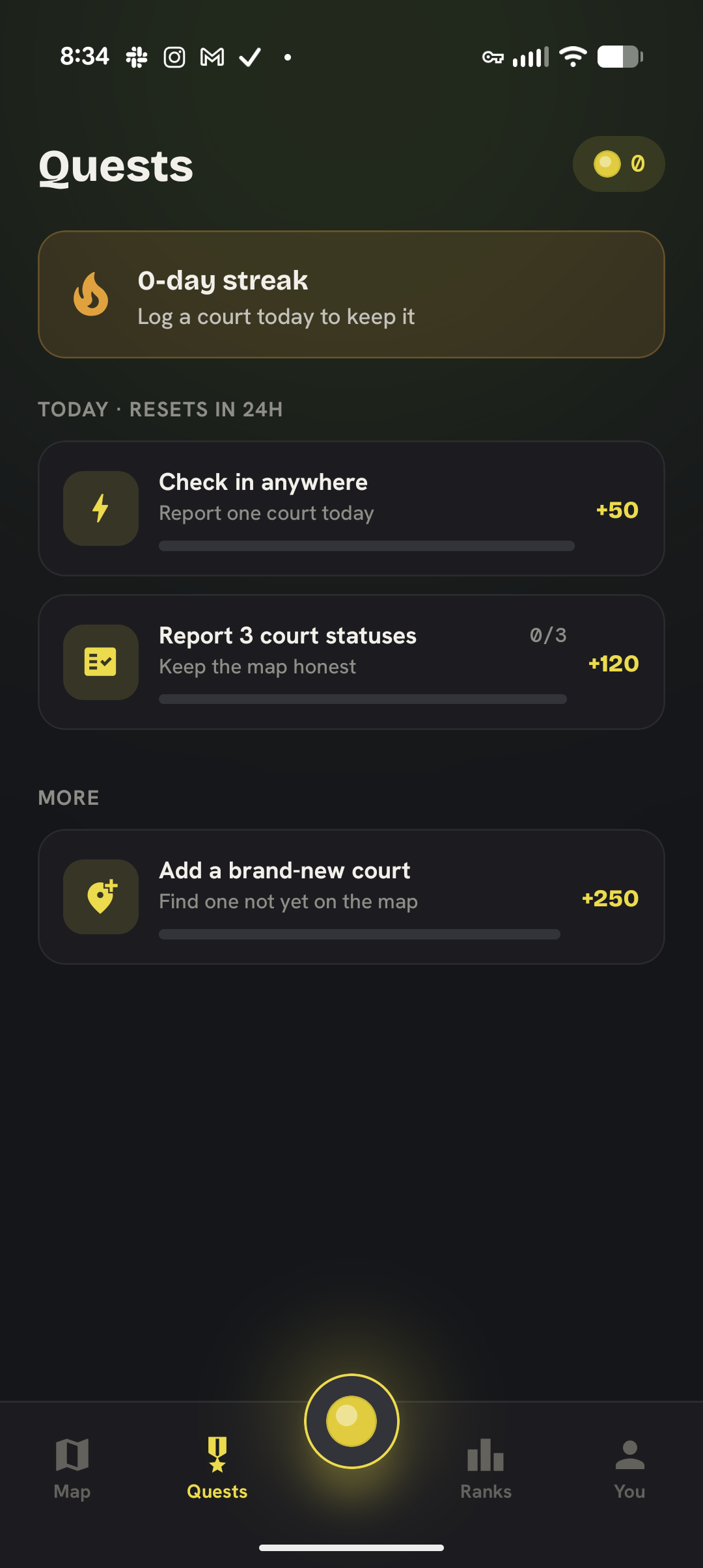 Rally's Quests screen showing a daily streak card and quests that pay out XP for checking in and reporting court statuses