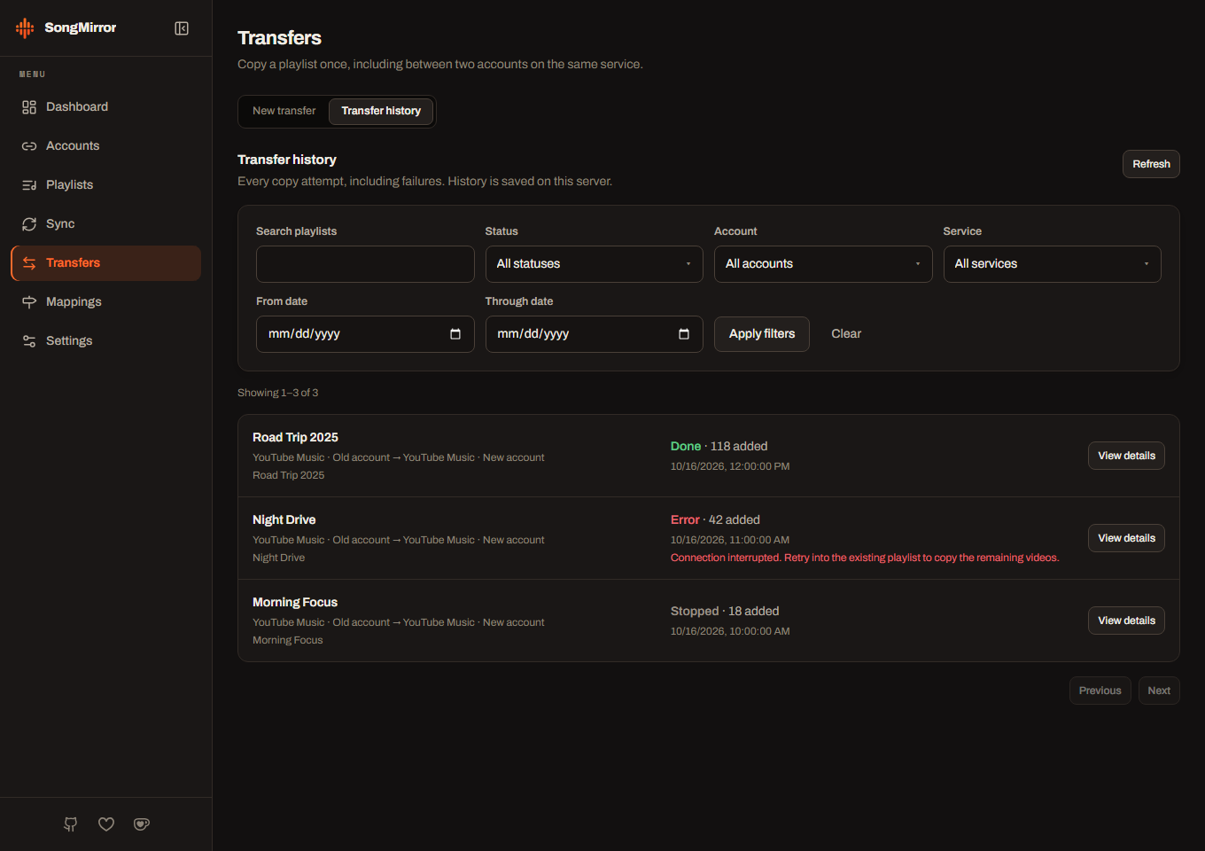 SongMirror transfer history with status filters and records of playlist copy attempts