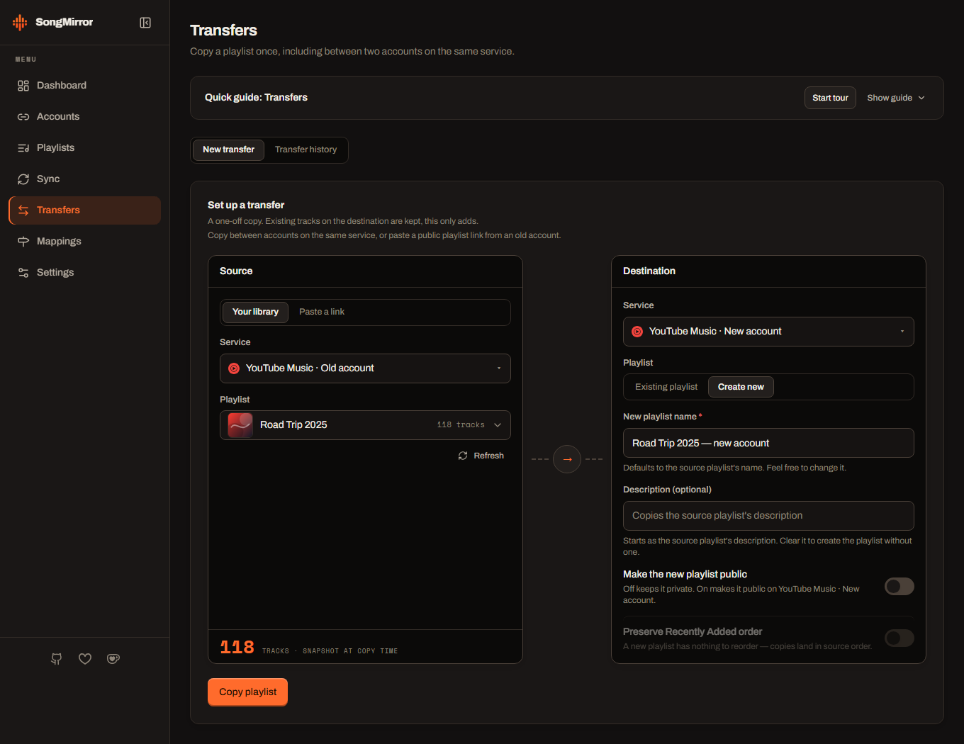 SongMirror transfer setup selecting source and destination accounts for a playlist copy